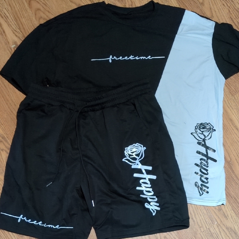 Black and White Graphic T-Shirt and Shorts Set